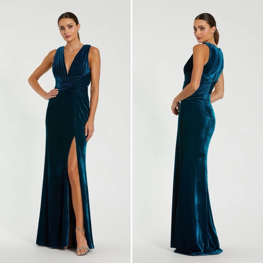 Ieena Mac Duggal Size 8 Blue Velvet Pleated Wrapping Gown Maxi Dress 55957